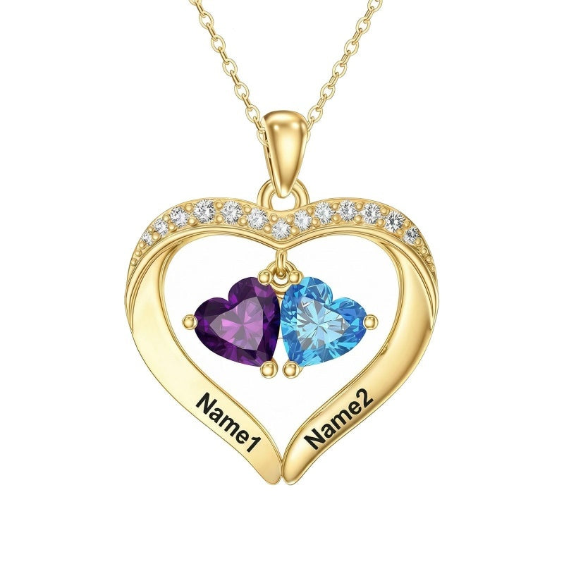 14K Gold Plated Personalized 1-5 Heart Birthstone Names Necklace  for Women