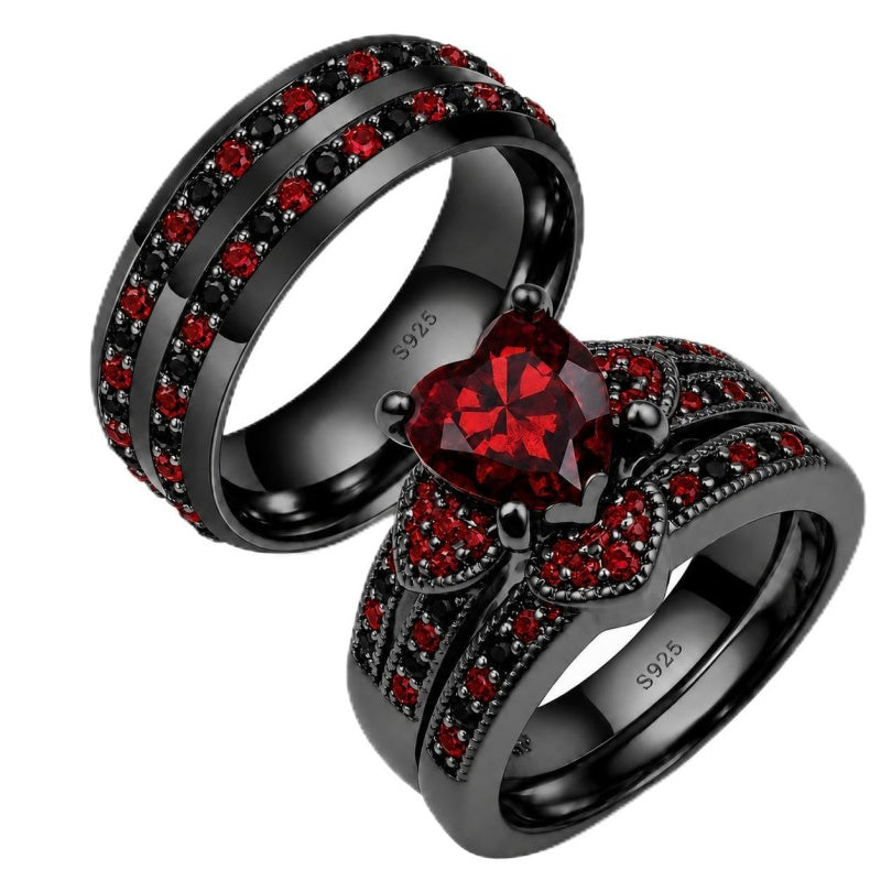 Sterling Silver 10K 14K 18K Gold Personalized Engraved  Halloween Dark Red Gemstone Couple Ring Set