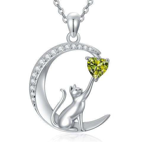 Sterling Silver Heart Birthstone Cat Pendant Necklace