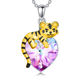 Sterling Silver  Heart Shaped Crystal Tiger Pendant Necklace