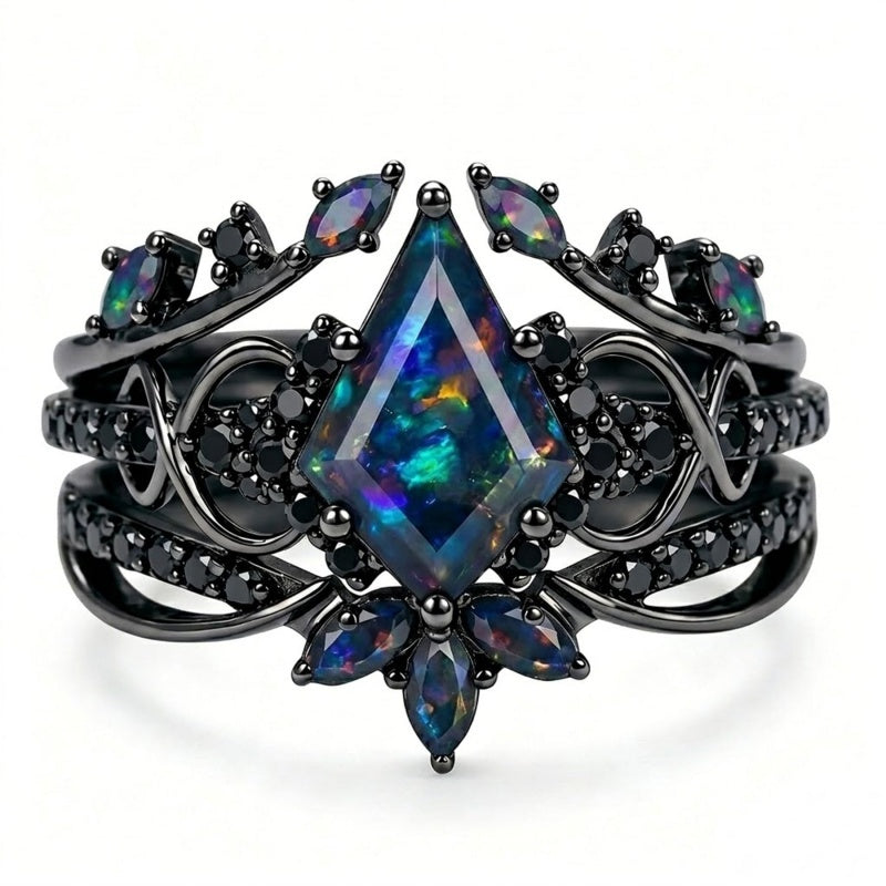Sterling Silver 10K  14K  18K  Gold Personalized Engraved Black Opal Engagement Wedding Promise Ring for Her