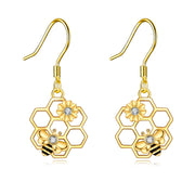 14k Yellow Gold Bee Earrings Honeycomb Bee & Sunflower Dangle Earrings