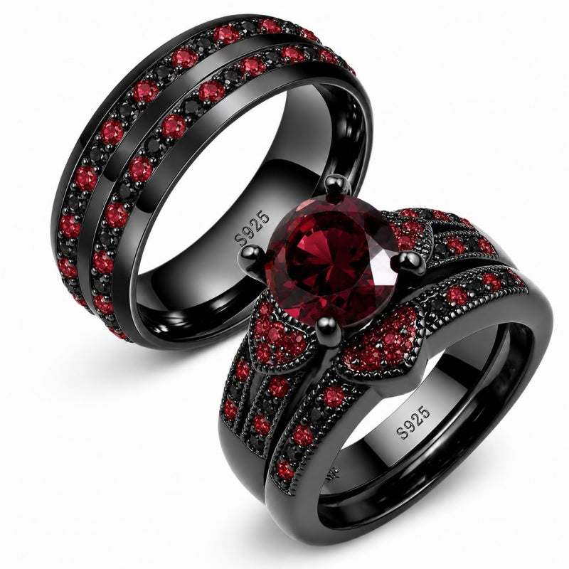 Sterling Silver 10K 14K 18K Gold Personalized Engraved  Halloween Dark Red Gemstone Couple Ring Set