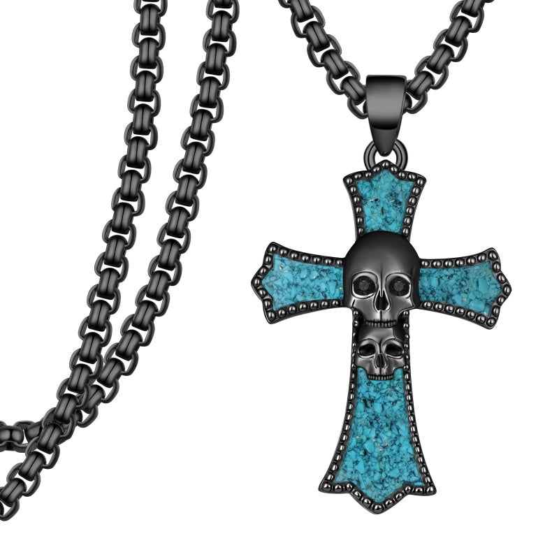 14K Gold Plated Turquoise Malachite Abalone Shell Cross Pendant Necklace for Men