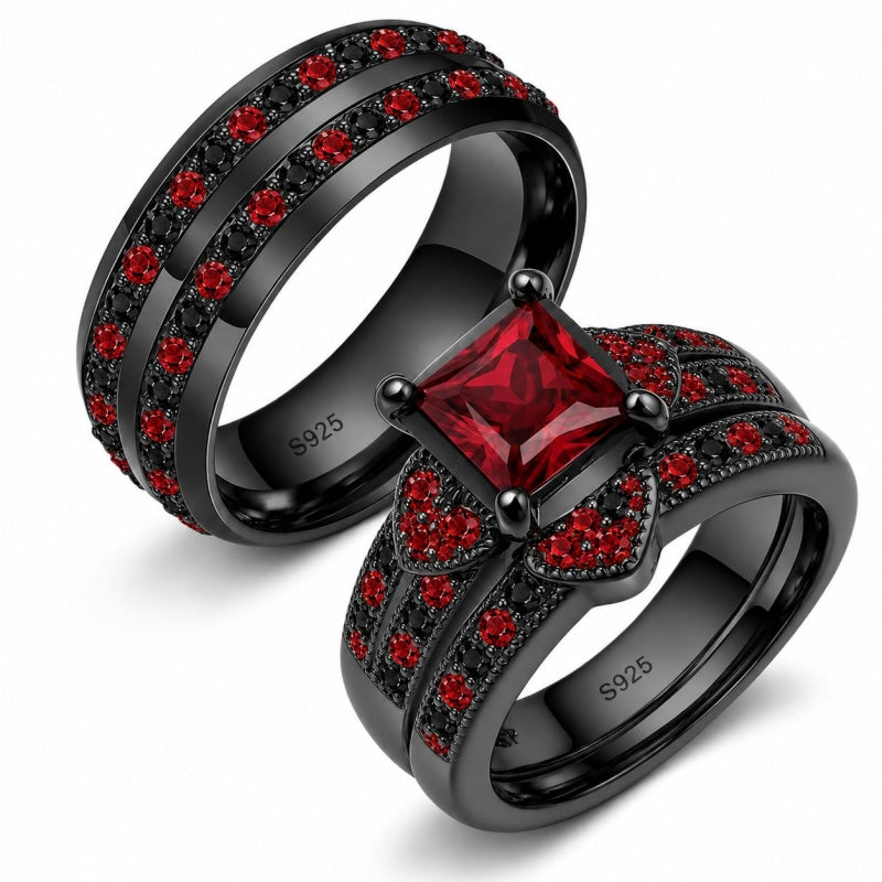 Sterling Silver 10K 14K 18K Gold Personalized Engraved  Halloween Dark Red Gemstone Couple Ring Set