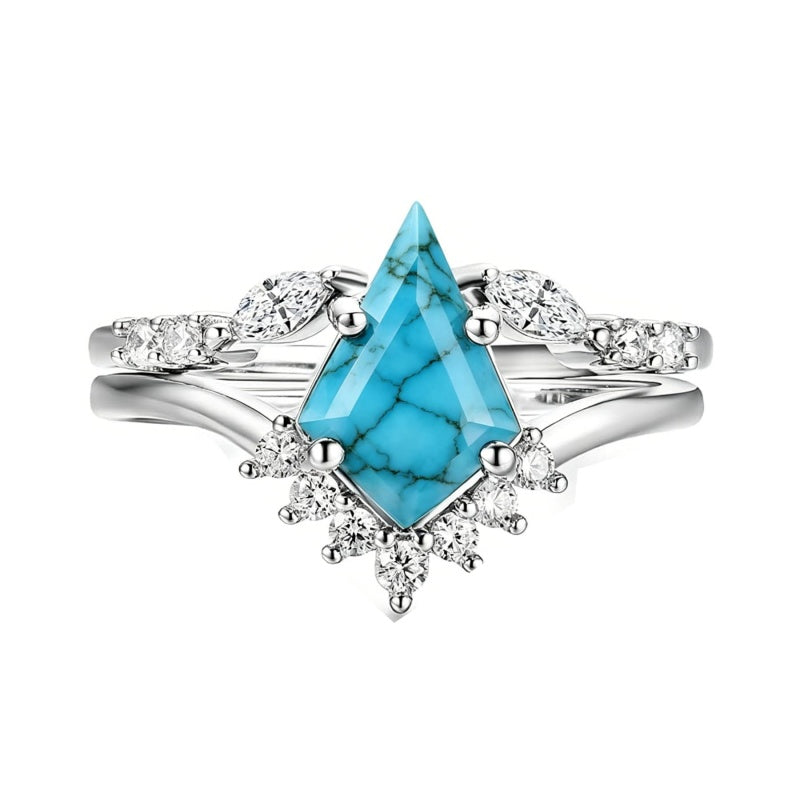 Sterling Silver Personalized Engraved 1-3CT Turquoise Engagement  Wedding Promise Ring Set for Her