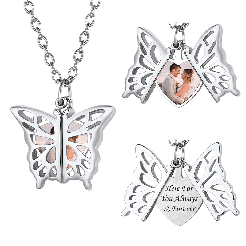 Copper Personalized  Photo Hollow Butterfly Pendant Necklace