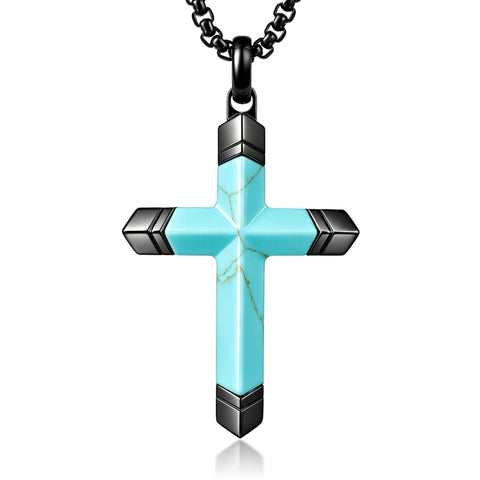14K Gold Plated Turquoise Lapis Lazuli Cross Necklace for Men with Adjustable Chain
