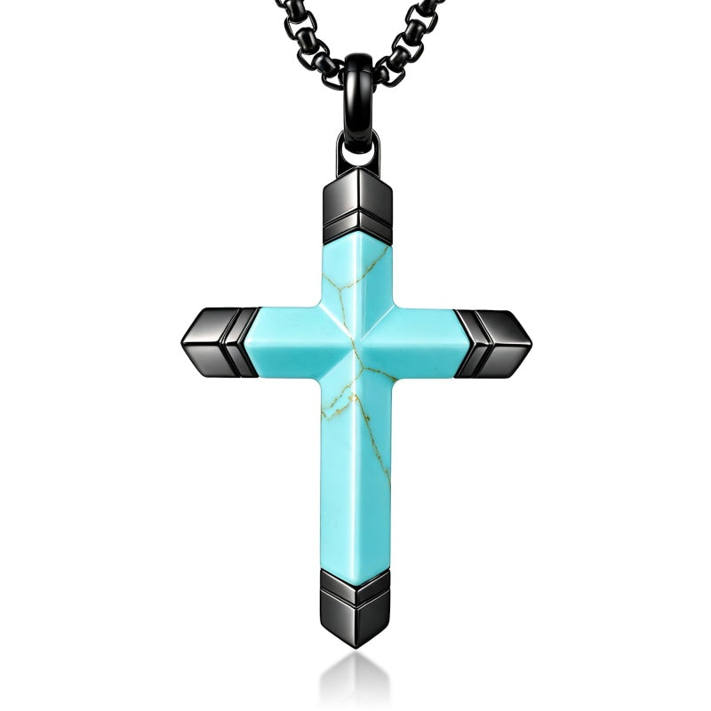 14K Gold Plated Turquoise Lapis Lazuli Cross Necklace for Men with Adjustable Chain
