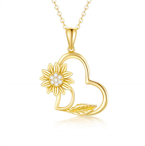 14K Gold Sunflower Heart Pendant Necklace