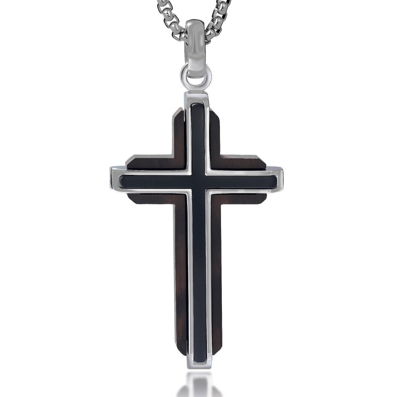 14K Gold Plated Wooden Abalone Shell Cross Pendant Necklacefor Men