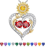 Sterling Silver Double Heart Birthstone Sunflower Necklace Engraved with You Are My Sunshine