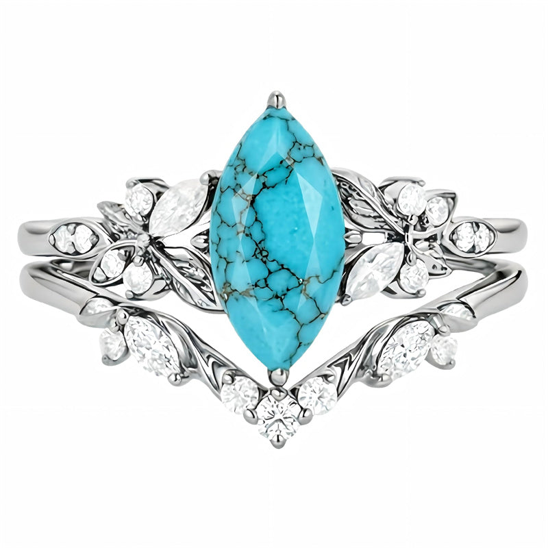 Sterling Silver Personalized Engraved 1-3CT Turquoise Engagement  Wedding Promise Ring Set for Her