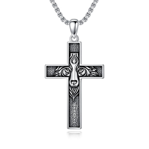Sterling Silver Wooden Lion Orthodox Sword Wolf Cross Pendant Necklace