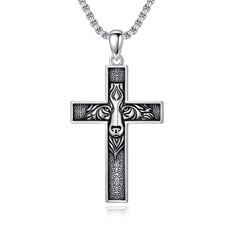 Sterling Silver Wooden Lion Orthodox Sword Wolf Cross Pendant Necklace