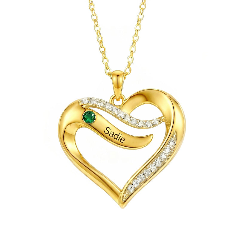 10K 14K 18K Gold  Personalized 1-4 Birthstones Engraved Heart Necklace for Women