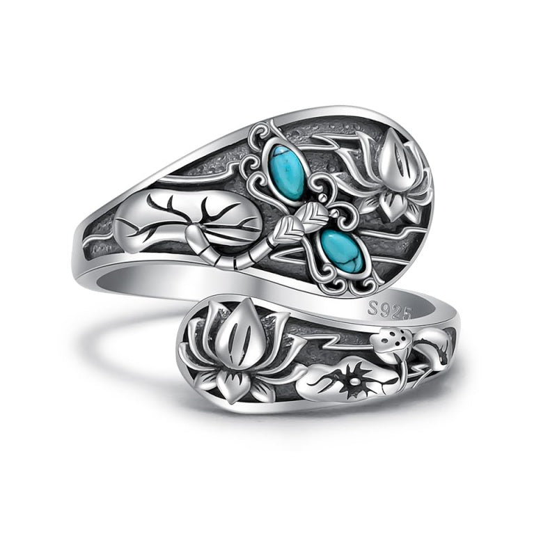 Sterling SilverMustard Seed Turtle Ocean Butterfly Dragonfly Turquoise Adjustable  Spoon Ring Spoon Jewelry for Women