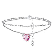 Sterling Silver 12-Month Heart Birthstone Double Layered Anklet for Women