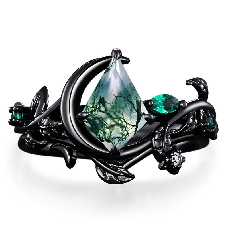 Sterling Silver 2CT Moss Agate  Engagement Wedding Ring Sets for Women