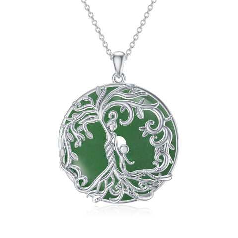 14k Gold Plated Sterling Silver Round Jade Tree of Life Necklace Good Fortune Jewelry for Women