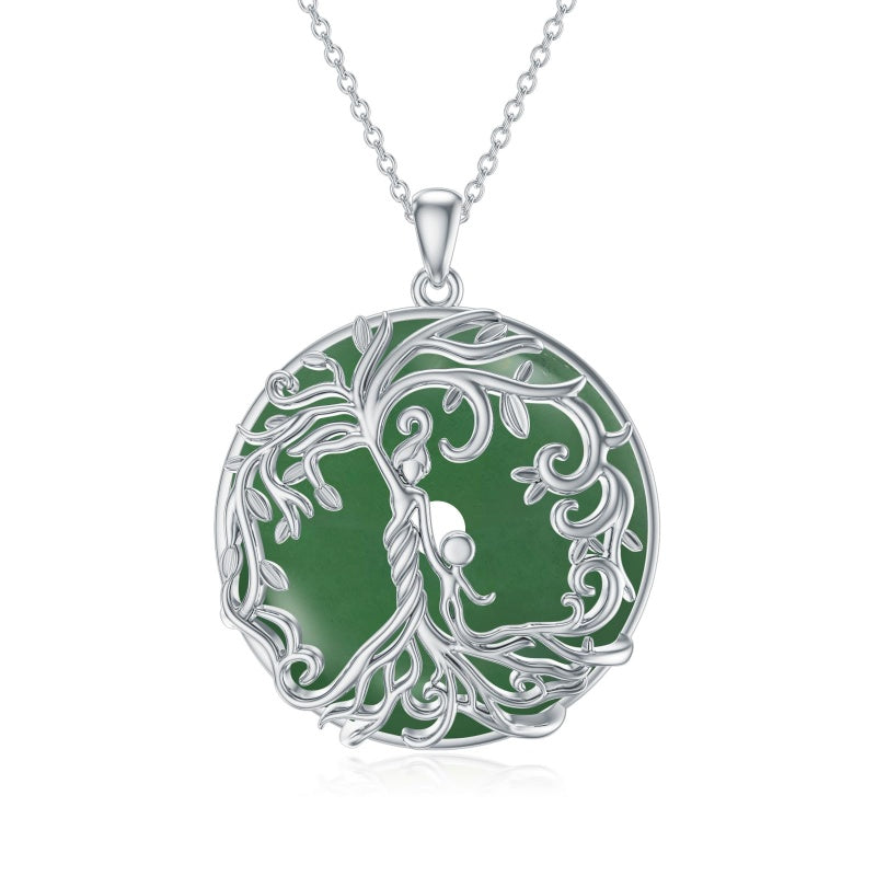 14k Gold Plated Sterling Silver Round Jade Tree of Life Necklace Good Fortune Jewelry for Women