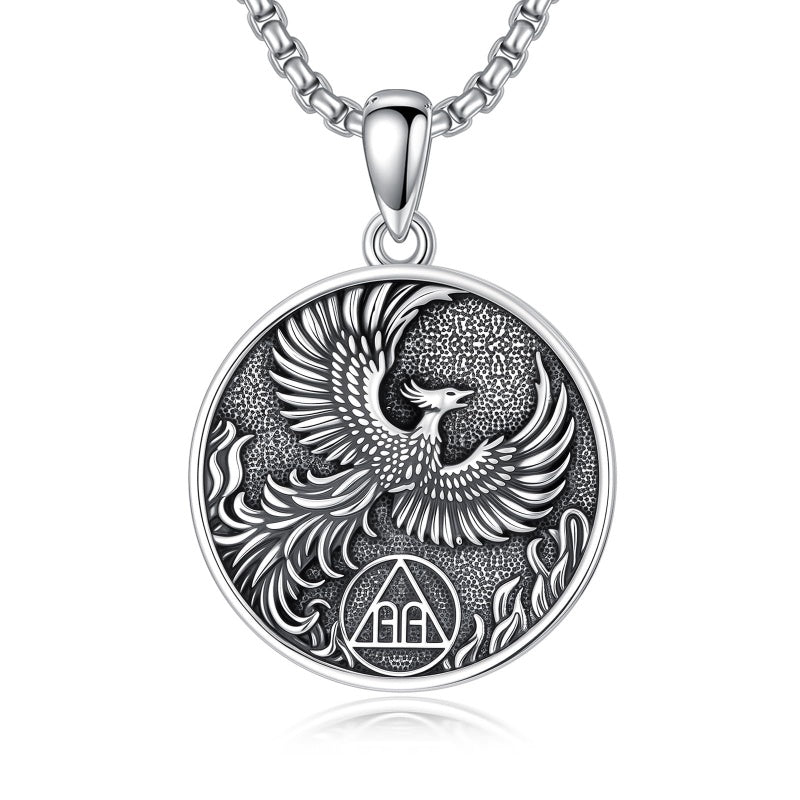 Sterling Silver Phoenix Rising Pendant Necklace NA/AA Sobriety Jewelry