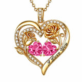 14K Gold Plated Double Heart Birthstone Rose Pendant Necklace for Women