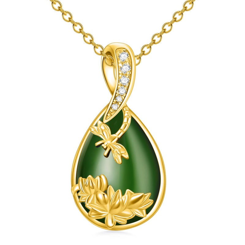 14K Gold Plated Natural Jade Hummingbird Cat Dragonfly Butterfly Bee Pendant Necklace for Women