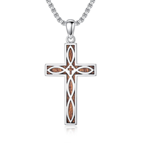 Sterling Silver Wooden Lion Orthodox Sword Wolf Cross Pendant Necklace