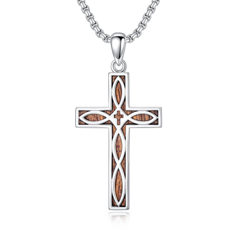 Sterling Silver Wooden Lion Orthodox Sword Wolf Cross Pendant Necklace