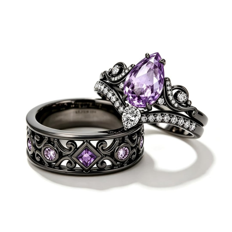 Sterling Silver 10K 14K 18K Gold Purple Gemstone Amethyst  Rings Set Couple Promise Rings Wedding Anniversary Rings