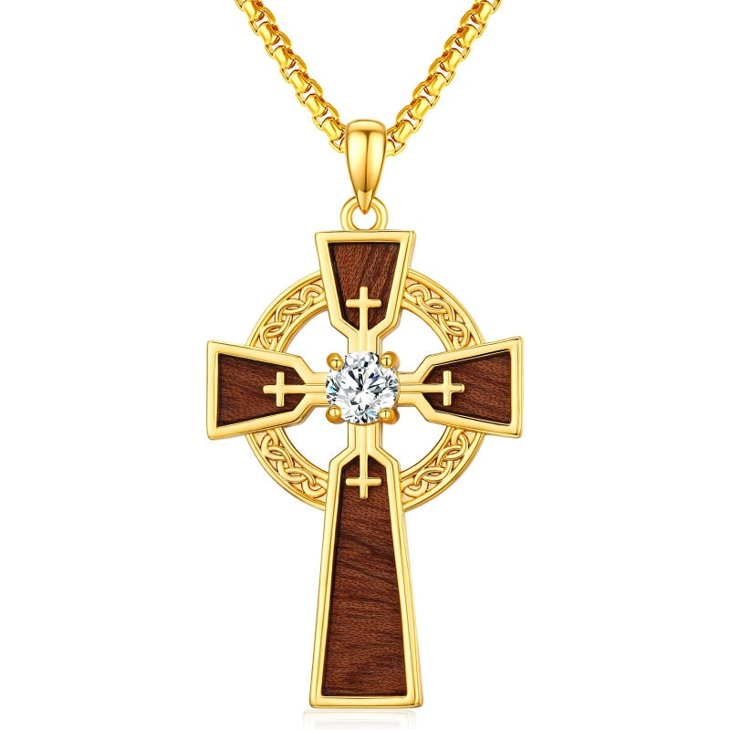 Wood 14K Gold Plated Cross Pendant Necklace