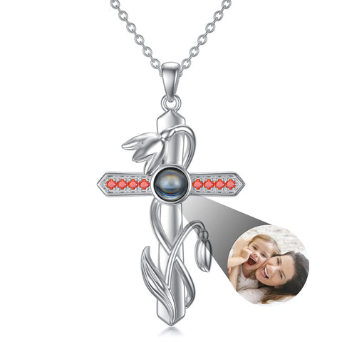 Sterling Silver Cross 100 Languages 12 Month Birthstone Birth Month Flower Pendant Necklace