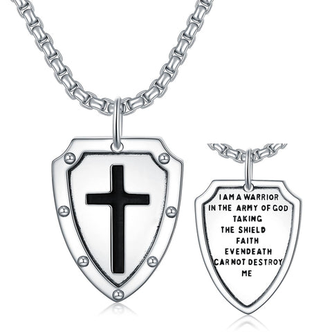 Sterling Silver Knights Templar & Cross Shield Pendant Necklace for Men