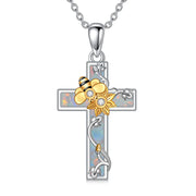 925 Sterling Silver Bee Cross & Sunflower Pendant Necklacewith Opal