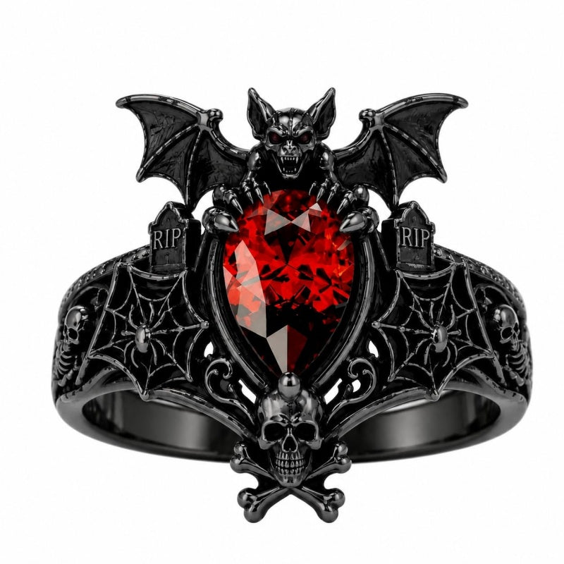 Sterling Silver  10K 14K 18K Gold Pear Shaped Birthstone Halloween Skull Bat Ring Wedding Ring  Punk Rock Jewelry