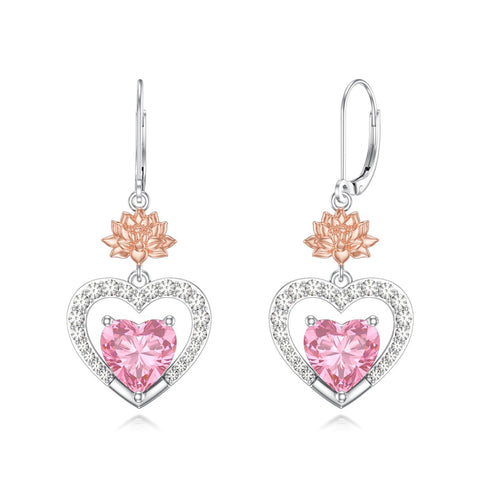 Sterling Silver Heart Cubic Zirconia Sunflower Rose Daisy Lily Lotus Hibiscus Dangle Earrings