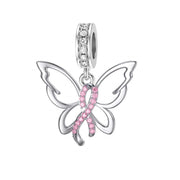 925  Silver Breast Cancer Awareness Charm Butterfly  Charm for Bracelet Cubic Zirconia Breast Cancer Survivor Gifts for Women