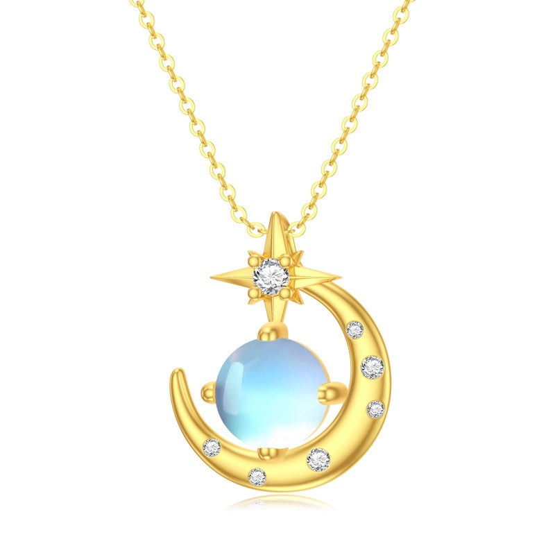 10K 14K 18K Yellow Gold Moonstone Moissanite Moon and Star Necklace Birthday Anniversary Jewelry Gift for Her