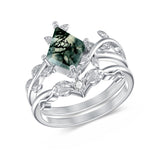 Sterling Silver Kite Cut Natural Moss Agate Engagement Ring Set Promise Wedding Ring