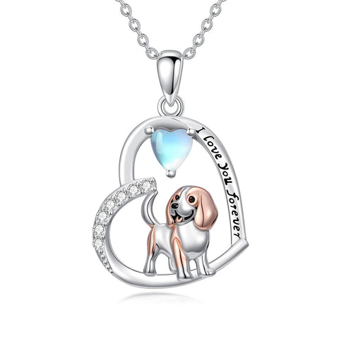 Sterling Silver Moonstone Pug Chihuahua Poodle German Shepherd Maltese Pendant Necklace Engraved wth I Love You Forever