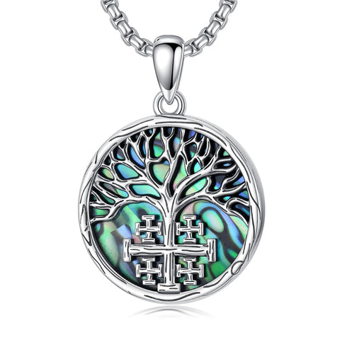 Sterling Silver Jerusalem Tree of Life Cross Religious Pendant Necklace