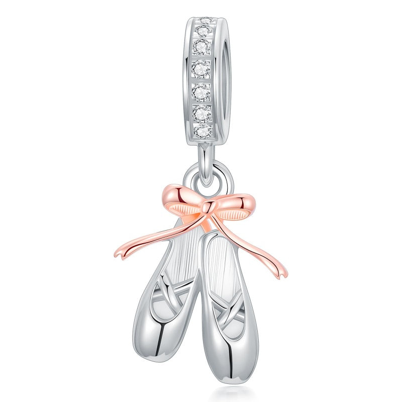 Sterling Silver Cubic Zirconia Ballet Shoe Charm  Beads for Bracelet Jewelry for Women