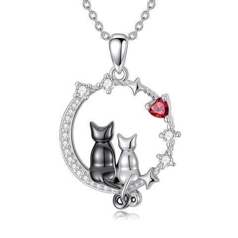 Sterling Silver Cubic Zirconia Two Cats Pendant Necklace