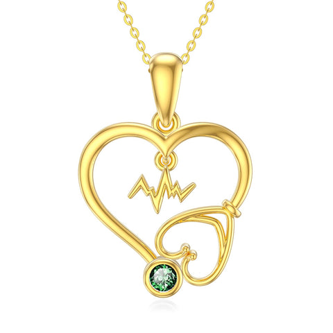 14K Gold  Birthstone Stethoscope Heart Pendant Necklace