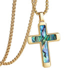14K Gold Plated Wooden Abalone Shell Cross Pendant Necklacefor Men