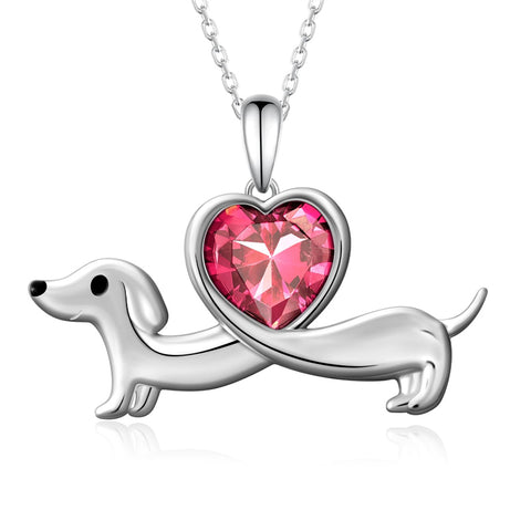 Sterling Silver Heart Birthstone  Dachshund Pendant Necklace