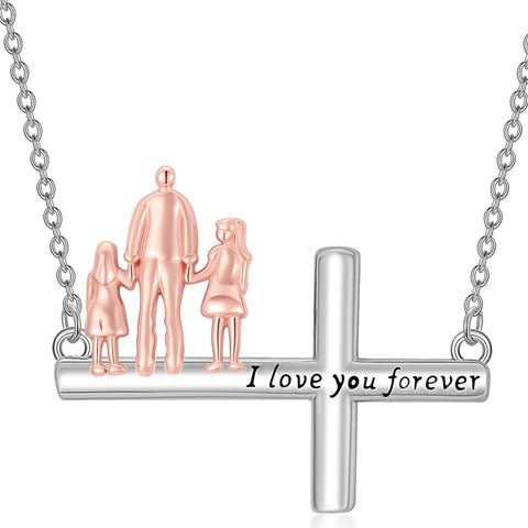 Sterling Silver Cross Father Daughter Mother Daughter Sister Pendant Necklace Engraved with I Love You Forever