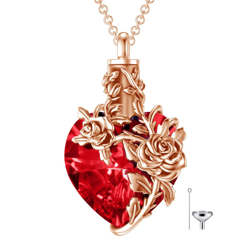 Sterling Silver Heart Crystal Rose Urn Necklaces for Ashes for Women