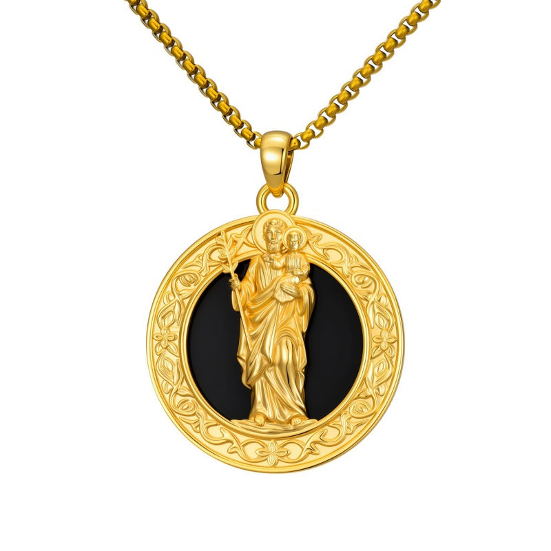 14K Gold Plated Black Onyx Patron Saint Medal Religious Amulet Pendant Necklace for Men